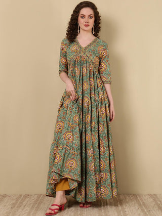 Green Viscose Rayon Ethnic Motif Print & Zari Detailing Angrakha Anarkali Kurta