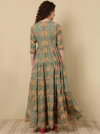 Green Viscose Rayon Ethnic Motif Print & Zari Detailing Angrakha Anarkali Kurta