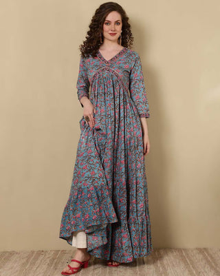 Grey Viscose Rayon Ethnic Motif Print & Zari Detailing Angrakha Anarkali Kurta