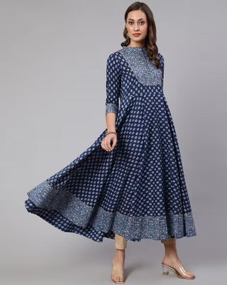 Blue Cotton Floral Print Anarkali Kurta