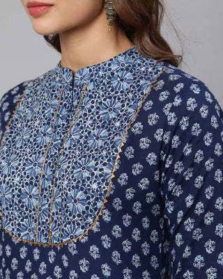 Blue Cotton Floral Print Anarkali Kurta