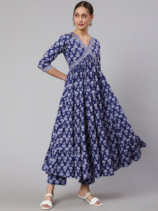 Blue Viscose Rayon Floral Print Anarkali Shape Kurta