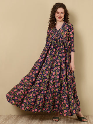 Blue & Pink Viscose Rayon Floral Print & Gotta Patti Deatiling Angrakha Shape Anarkali Style Kurta