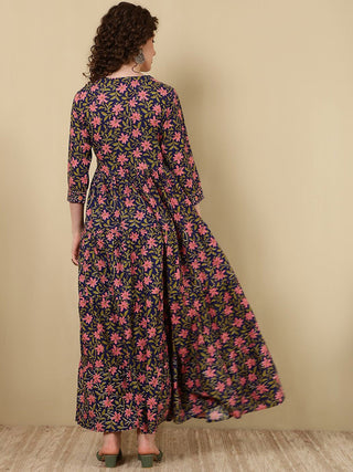 Blue & Pink Viscose Rayon Floral Print & Gotta Patti Deatiling Angrakha Shape Anarkali Style Kurta