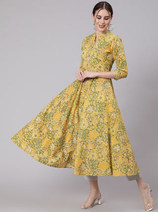 Yellow Cotton Floral Print Anarkali Kurta