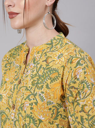 Yellow Cotton Floral Print Anarkali Kurta