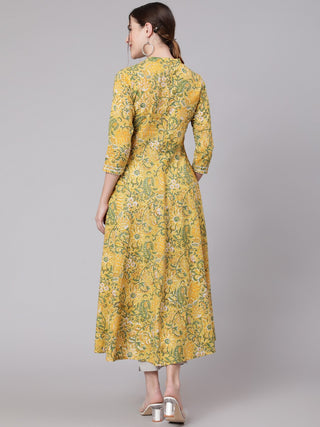 Yellow Cotton Floral Print Anarkali Kurta