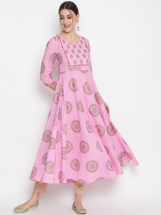 Pink Cotton Ethnic Motif Print & Gota Patti Detailing Anarkali Kurta