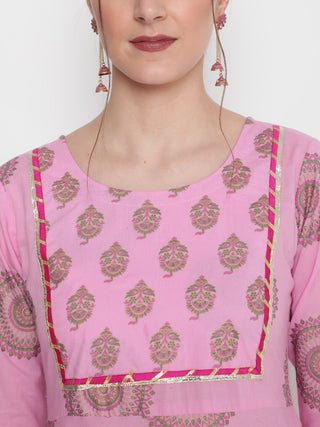 Pink Cotton Ethnic Motif Print & Gota Patti Detailing Anarkali Kurta