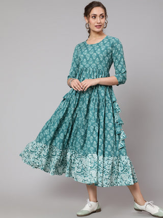 Green Cotton Ethnic Motif Print Anarkali Kurta