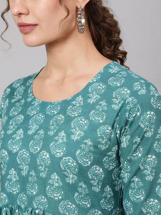 Green Cotton Ethnic Motif Print Anarkali Kurta