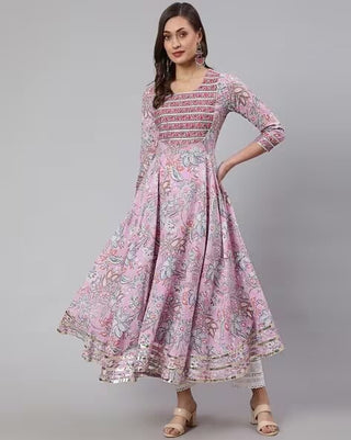 Pink Cotton Floral Print Anarkali Kurta