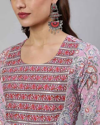 Pink Cotton Floral Print Anarkali Kurta