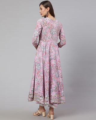 Pink Cotton Floral Print Anarkali Kurta