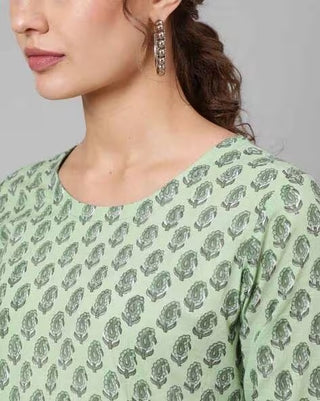 Green Cotton Ethnic Motif Print & Mirror Work Detailing Anarkali Kurta