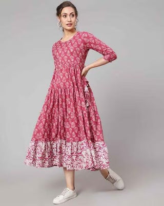 Burgandy Cotton Ethnic Motif Print & Mirror Work Detailing Anarkali Kurta