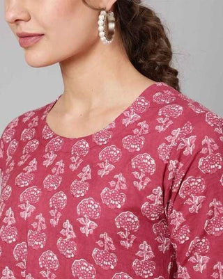 Burgandy Cotton Ethnic Motif Print & Mirror Work Detailing Anarkali Kurta