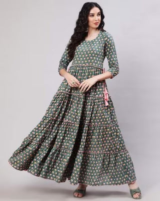 Green Viscose Rayon Ethnic Motif Print Anarkali Shape Kurta