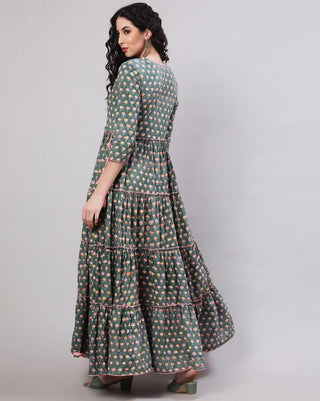 Green Viscose Rayon Ethnic Motif Print Anarkali Shape Kurta