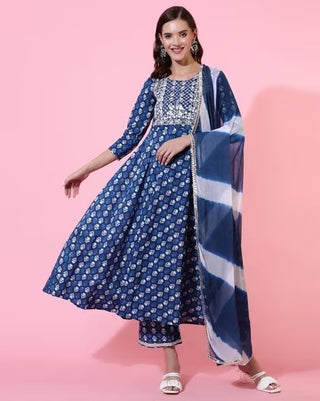 Blue Cotton Floral Print & Gota Patti Detailing Anarkali Set with Poly Chiffon Dupatta