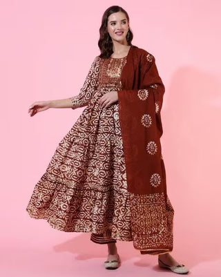 Maroon & White Viscose Rayon Floral Print Anarkali Suit Set