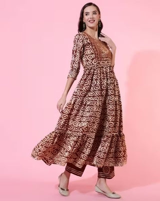 Maroon & White Viscose Rayon Floral Print Anarkali Suit Set