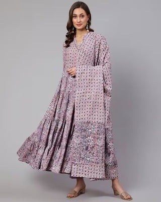 Purple Cotton Floral Print Anarkali Suit Set