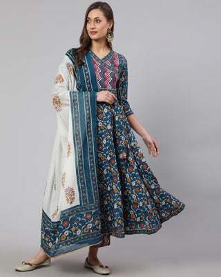 Blue Cotton Ethnic Motif Print Angrakha Style Anarkali Suit Set