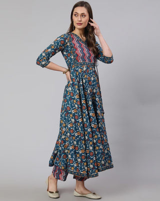 Blue Cotton Ethnic Motif Print Angrakha Style Anarkali Suit Set