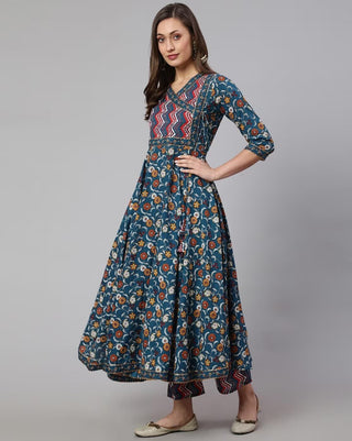 Blue Cotton Ethnic Motif Print Angrakha Style Anarkali Suit Set