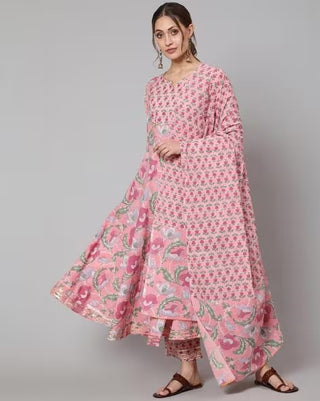 Pink Cotton Floral Print & Gota Patti Detailing Anarkali Set with Dupatta