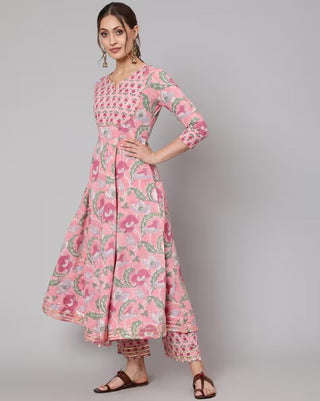 Pink Cotton Floral Print & Gota Patti Detailing Anarkali Set with Dupatta