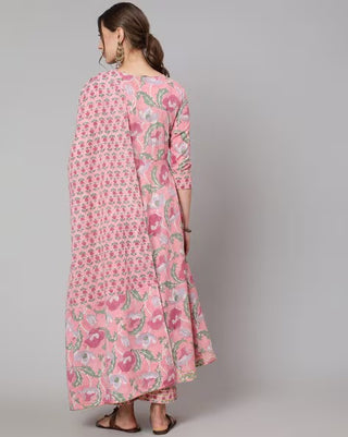 Pink Cotton Floral Print & Gota Patti Detailing Anarkali Set with Dupatta