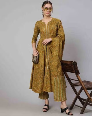 Mustard Cotton Ethnic Motif Printed Anarkali Set with Dupatta