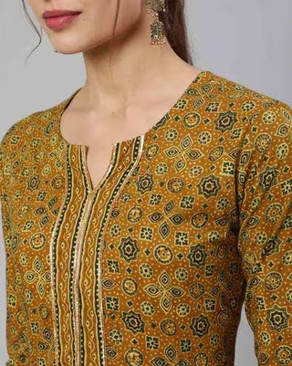 Mustard Cotton Ethnic Motif Printed Anarkali Set with Dupatta