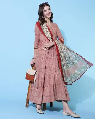 Red Viscose Rayon Floral Print & Gota Patti Detailing Anarkali Set with Dupatta