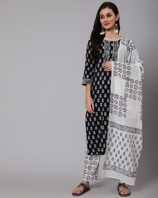 Black & White Cotton Printed Suit Set with Dupatta