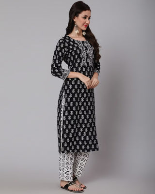 Black & White Cotton Printed Suit Set with Dupatta