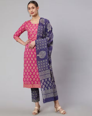 Pink & Blue Cotton Floral Print Straight Shape Suit Set with Dupatta