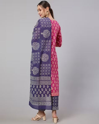 Pink & Blue Cotton Floral Print Straight Shape Suit Set with Dupatta