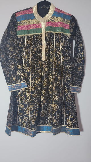 Black Cotton Gold Print Party Wear Short Kurta