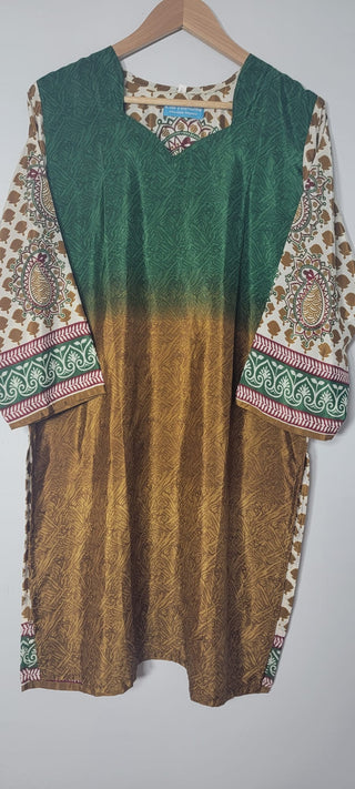 Green & Mustard French Crepe Printed Short Style Kurta