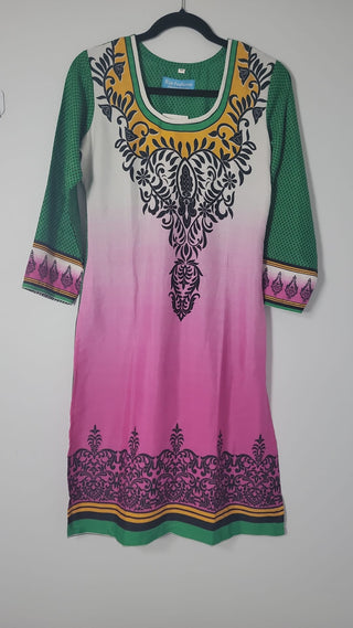 Pink & Green French Crepe Long Printed Kurta