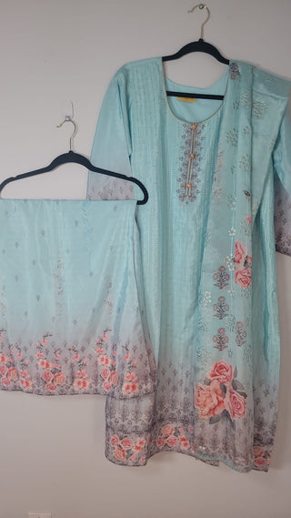 Blue Silk Printed & Embroidered Suit Set with Dupatta