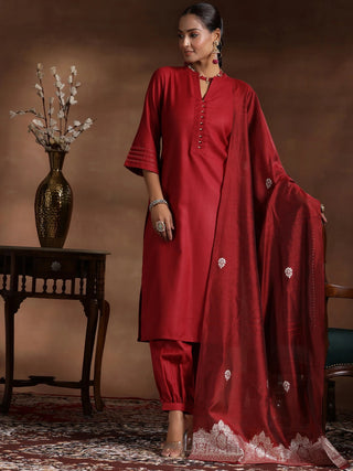 Solid Red Cotton Straight Shape Suit Set with Dupatta