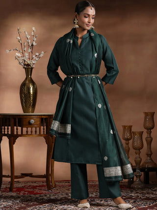 Green Cotton Straight Shape Suit Set with Dupatta