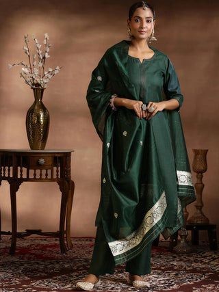 Green Cotton Straight Shape Suit Set with Dupatta