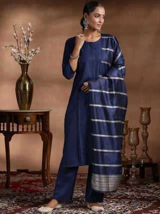 Solid Blue Cotton Straight Shape Suit Set with Dupatta