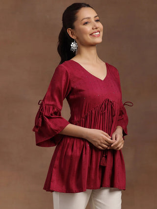 Red Embroidered Silk Blend Short Kurta