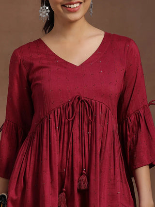 Red Embroidered Silk Blend Short Kurta